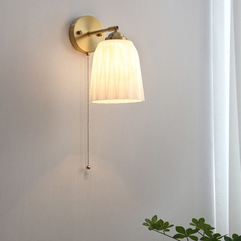 Nordic Striped Milk White Glass Brass 1-Light Pull Cord Wall Sconce Lamp
