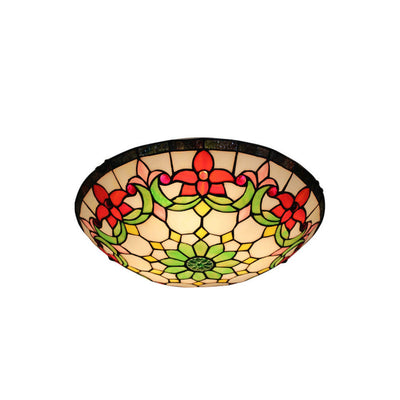 European Tiffany Flowers Stained Glass 3-Light Flush Mount Ceiling Light