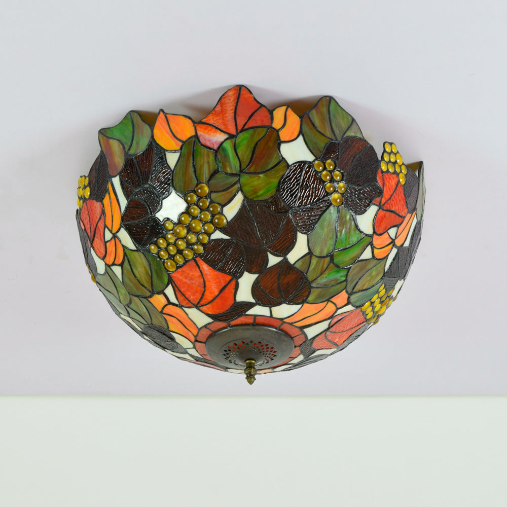 European Vintage Rustic Tiffany Stained Glass Iron 5-Light Flush Mount Lighting