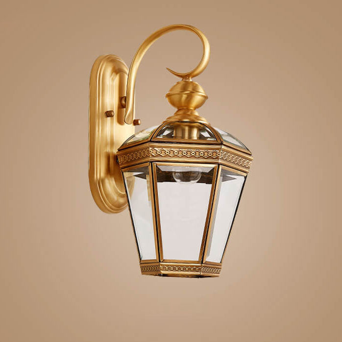 European Modern Hexagonal Lantern Copper Glass Waterproof 1-Light Outdoor Wall Sconce Lamp