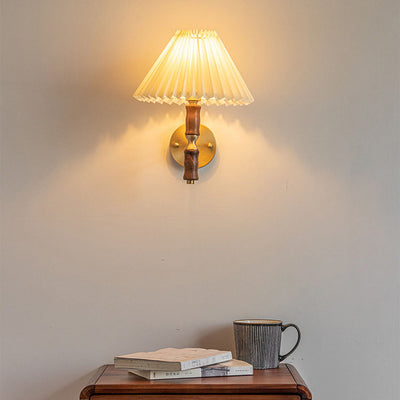 Japanese Vintage Walnut Pleated Umbrella 1-Light Wall Sconce Lamp