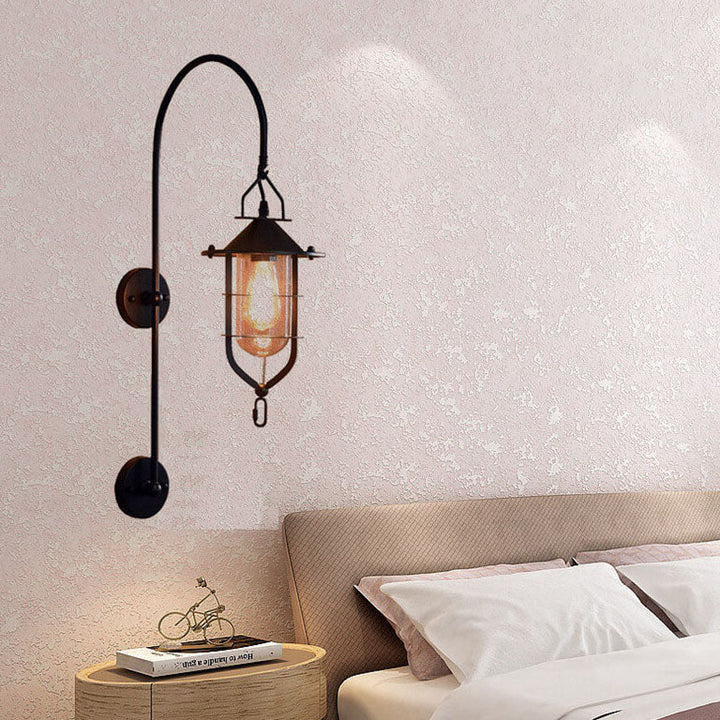 Contemporary Industrial Iron Glass Cage Curved Arm 1-Light Wall Sconce Lamp For Living Room &amp; Bedroom