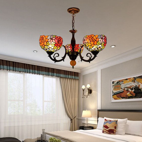 European Tiffany Showy Rose Stained Glass 3-Light Chandelier