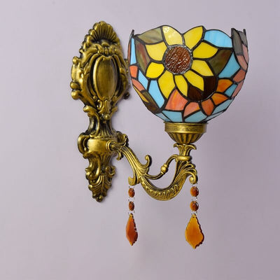 Vintage Tiffany Sunflower Stained Glass 1-Light Wall Sconce Lamp