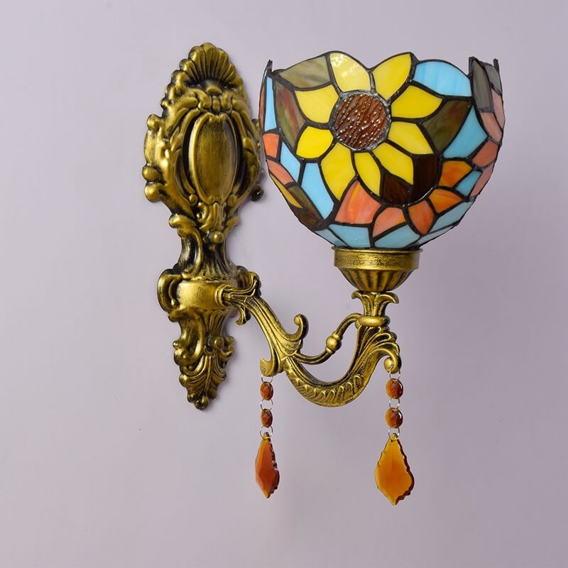 Vintage Tiffany Sunflower Stained Glass 1-Light Wall Sconce Lamp