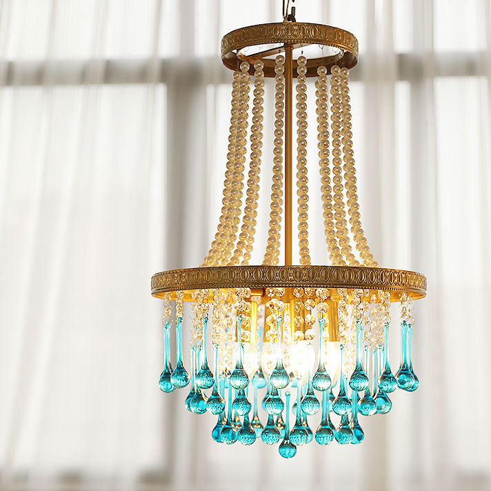 Lámpara de araña ovalada multicapa de cristal y hierro de lujo contemporáneo de 4 luces para sala de estar y dormitorio 