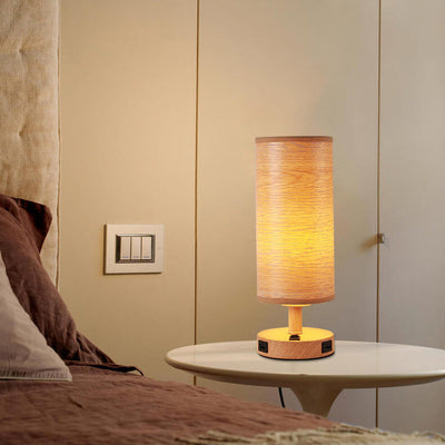 Moderne Tischlampe mit Holzmaserung Stoffschirm 1-Licht 