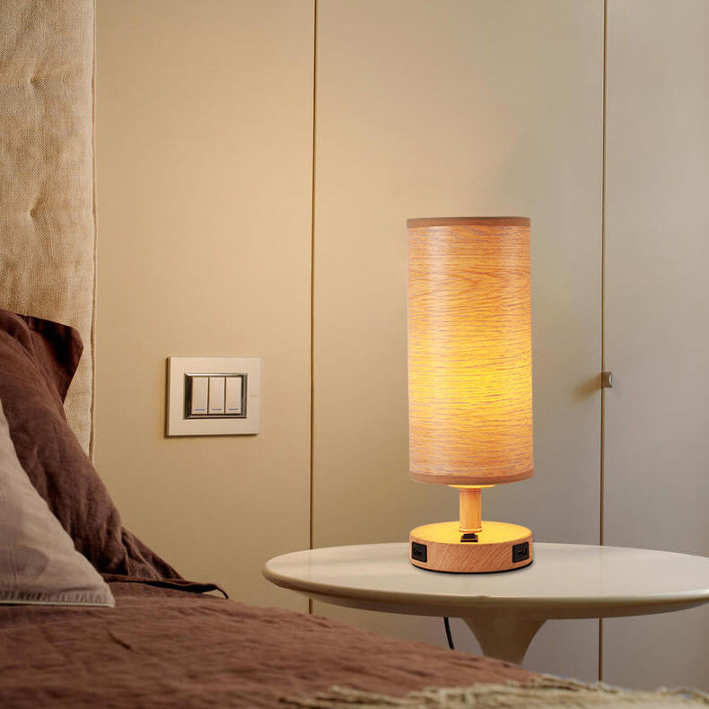 Moderne Tischlampe mit Holzmaserung Stoffschirm 1-Licht 