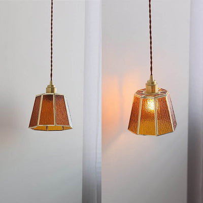 Moderno Arte Deco Vidrio de Grano de Agua Pantalla Poligonal Latón Lámpara Colgante de 1 Luz para Sala de Estar 