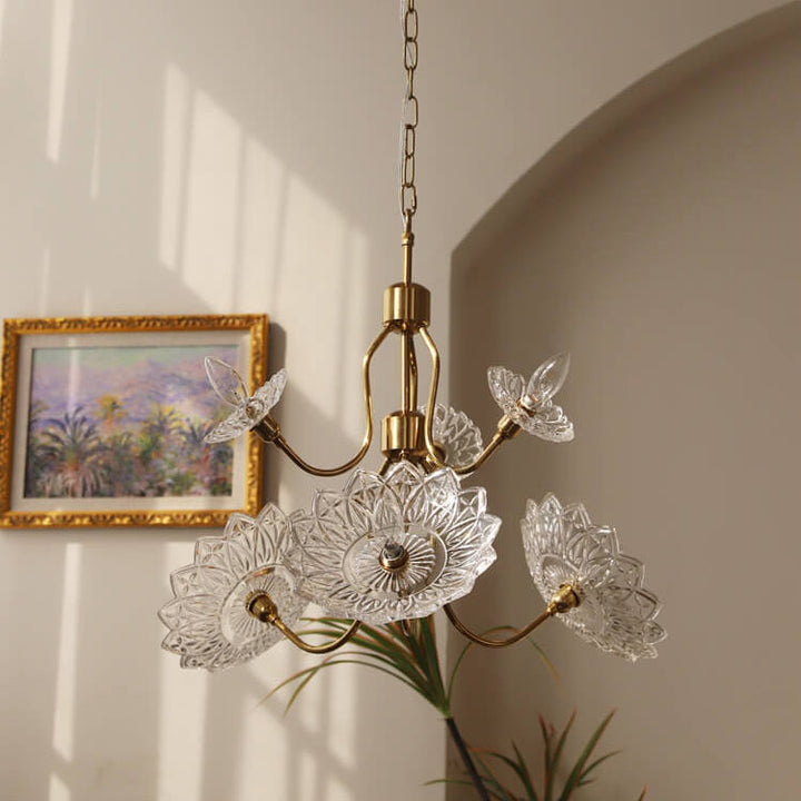 Lámpara de Araña de Vidrio con Mariposa y Flores Vintage Francesas de 4/6 Luces 