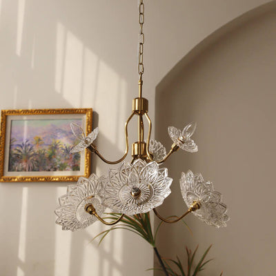 French Vintage Flower Butterfly Glass  4/6 Light Chandelier