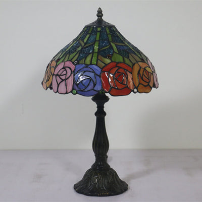 Vintage Tiffany Roses Stained Glass Cone 1-Light Table Lamp