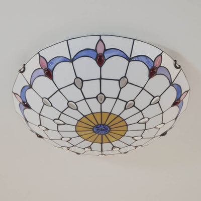 Tiffany Vintage Round Gemstone Stained Glass 3/4 Light Flush Mount Ceiling Light