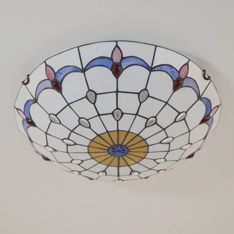 Tiffany Vintage Round Gemstone Stained Glass 3/4 Light Flush Mount Ceiling Light