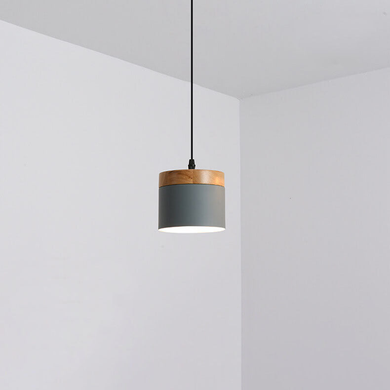 Modern Minimalist Solid Color Cylindrical Iron Wood 1-Light Pendant Light