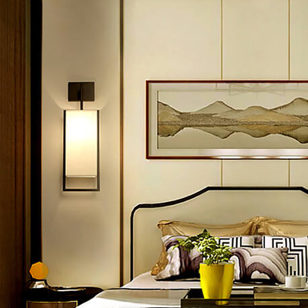 Traditional Chinese Square Fabric Iron Frame 1-Light Wall Sconce Lamp For Bedroom &amp; Living Room