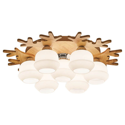 Nordic Solid Wood Antler Frosted Glass Round Shade 3/5/7 Light Flush Mount Ceiling Light