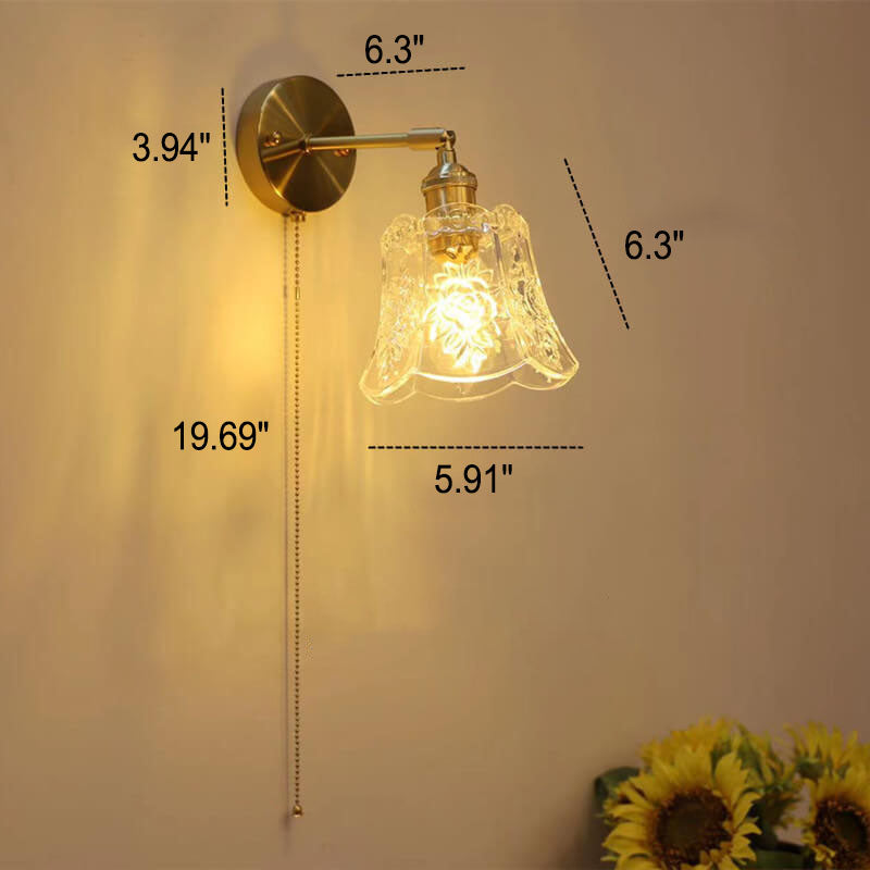 Lámpara de pared de 1 luz de latón y vidrio simple de lujo ligero francés con cable de tiro 