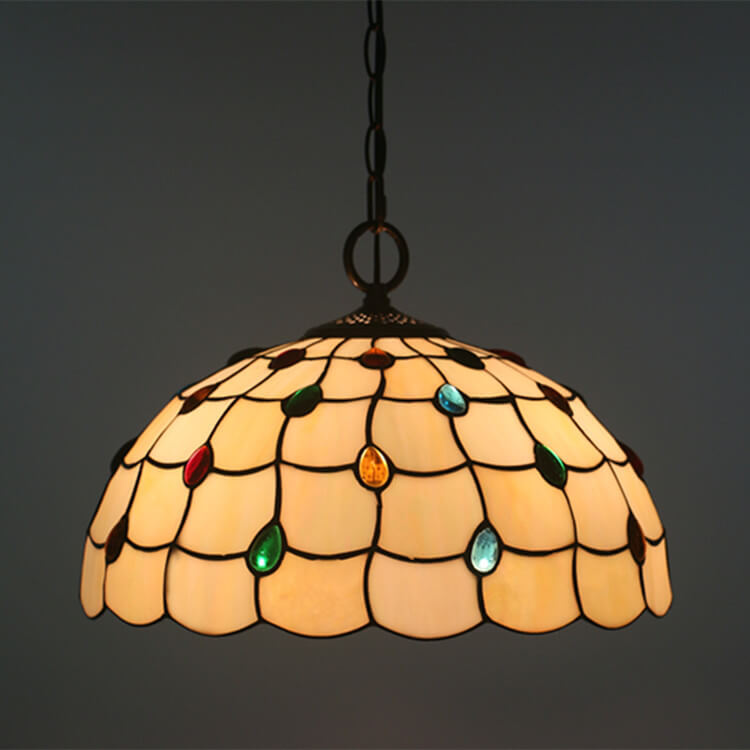 Tiffany European Gemstone Stained Glass Round 1-Light Pendant Light