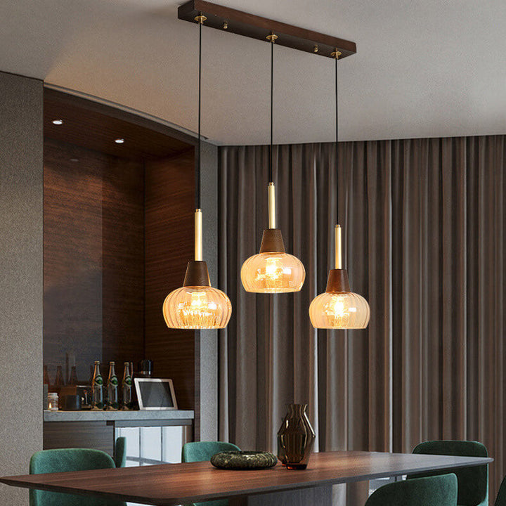 Zeitgenössischer Retro-Holzrahmen-Glasbecher-Schirm 1/3-Licht-Insel-Licht-Kronleuchter für Wohnzimmer 