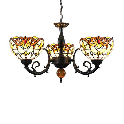 Vintage Tiffany Baroque Stained Glass 3-Light Chandelier
