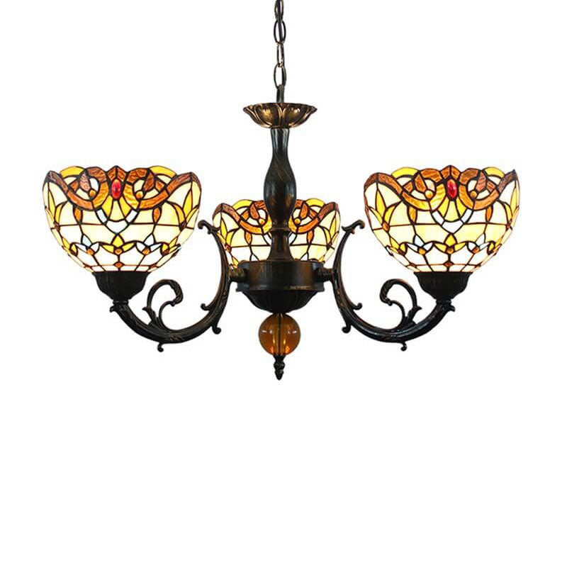 Vintage Tiffany Baroque Stained Glass 3-Light Chandelier