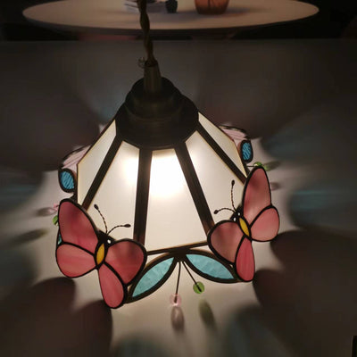 Japanese Nordic Brass Butterfly Stained Glass Cone 1-Light Pendant Light