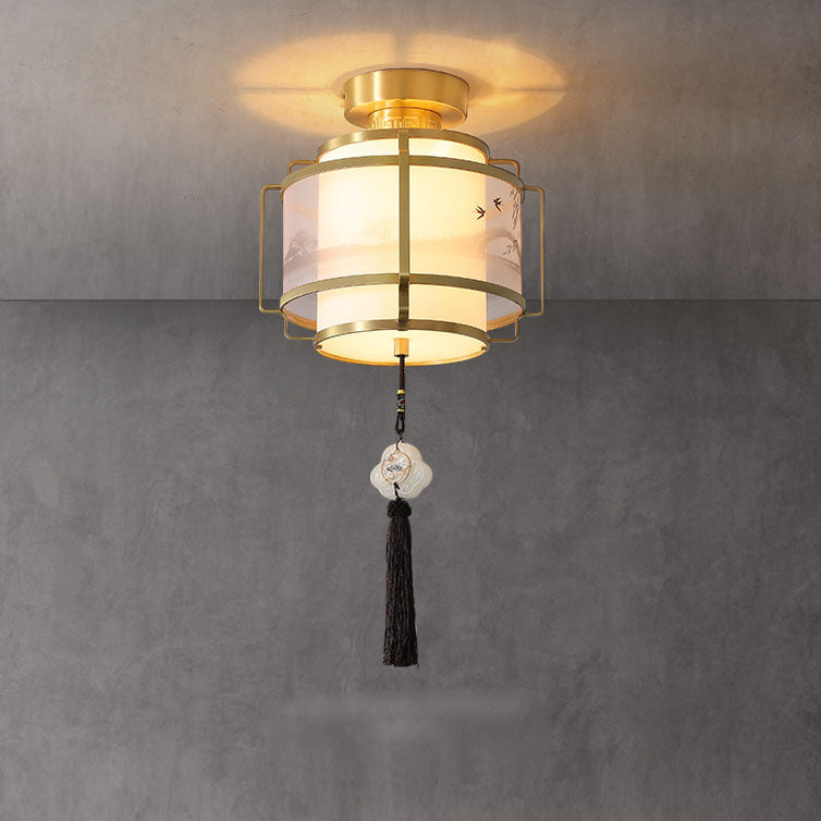 Modern Chinese Copper Fabric Round Tassel 1-Light Semi-Flush Mount Ceiling Light For Living Room