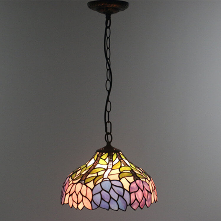 Vintage Tiffany Blossom Blume Glasmalerei Kuppel 1-Licht Pendelleuchte