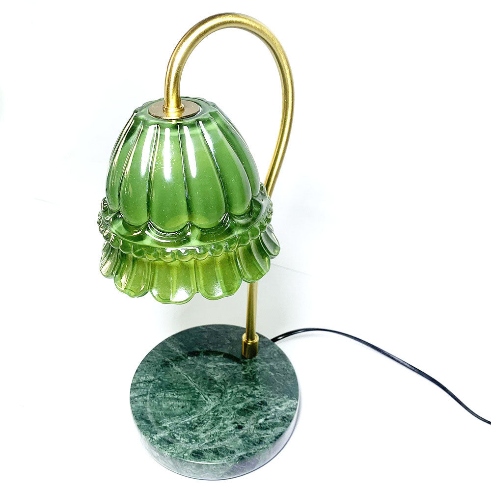 Traditionelle Vintage-Tischlampe mit grünem Glas, Marmor und Blumenmotiv, rund, 1-flammig, mit Wachsschmelz-Effekt, für das Schlafzimmer 