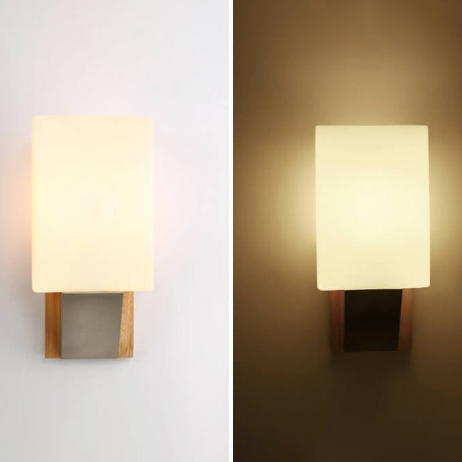 Lámpara Aplique de Pared de 1 Luz con Base de Madera Sólida y Vidrio Cuadrado Nórdico 