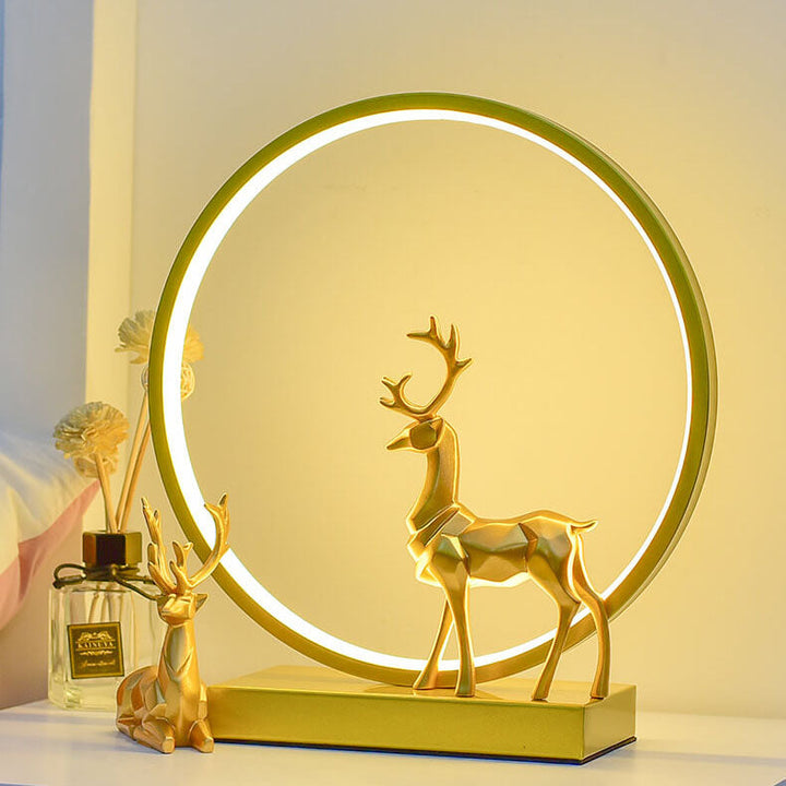 Lámpara de mesa LED de noche con enchufe USB, círculo de hierro y acrílico con ciervo, estilo nórdico contemporáneo, para dormitorio 