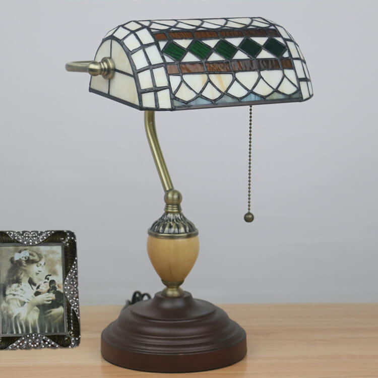 Vintage Tiffany Diamond Line Stained Glass 1-Light Bank Table Lamp