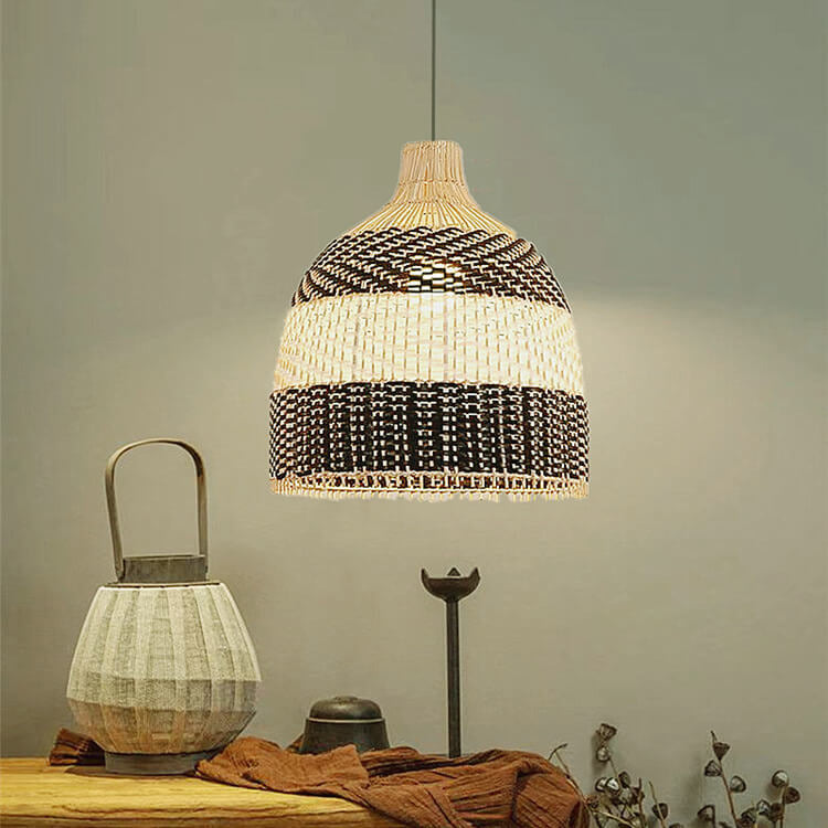 Modern Rattan Bamboo Black and White Dome 3-Light Chandelier