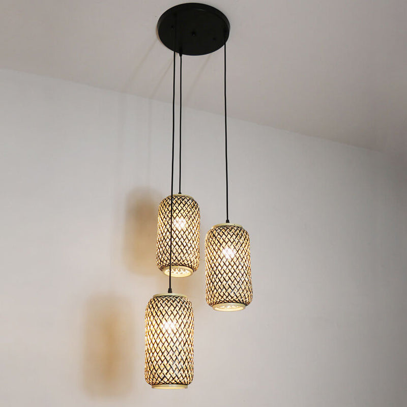 Modern Minimalist Rattan Weaving Column 3-Light Island Light Chandelier