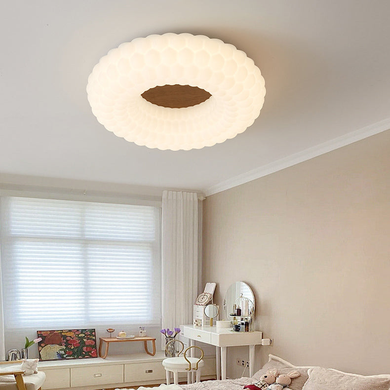 Contemporary Simplicity Cloud PE Round Shade Wood Grain LED Flush Mount Ceiling Light For Bedroom