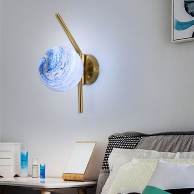 Modern Creative Planet Glass Iron Curved Arm 1-Light Wall Sconce Lamp