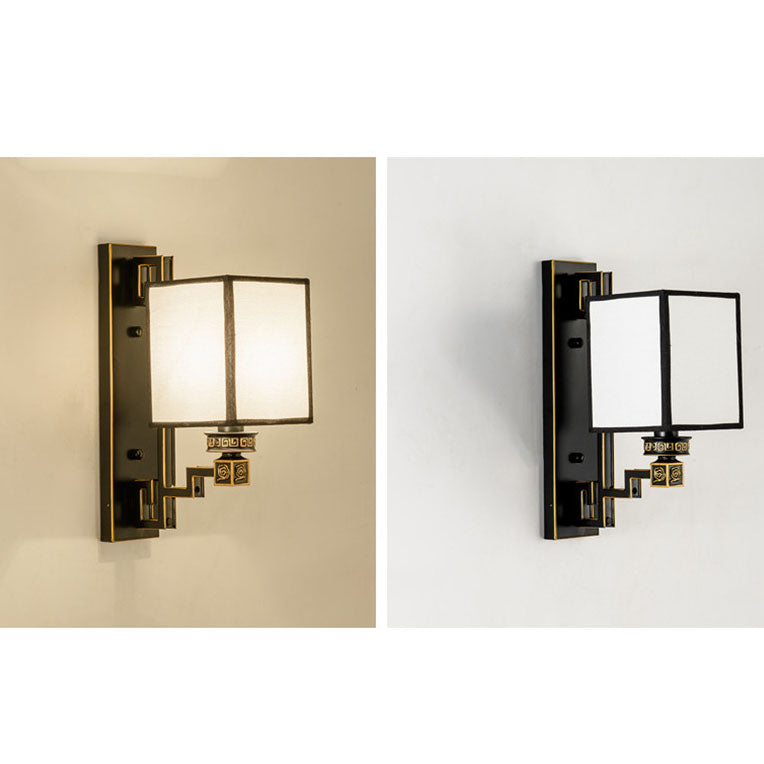 Aplique de pared cuadrado de 1 luz de hierro, cobre y tela de estilo chino tradicional para salón y dormitorio 