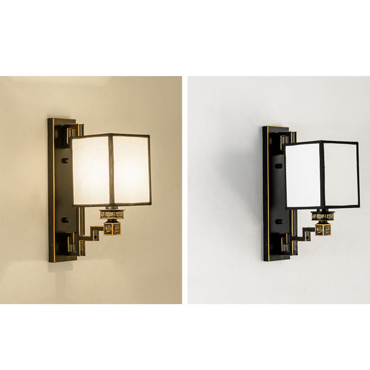 Aplique de pared cuadrado de 1 luz de hierro, cobre y tela de estilo chino tradicional para salón y dormitorio 