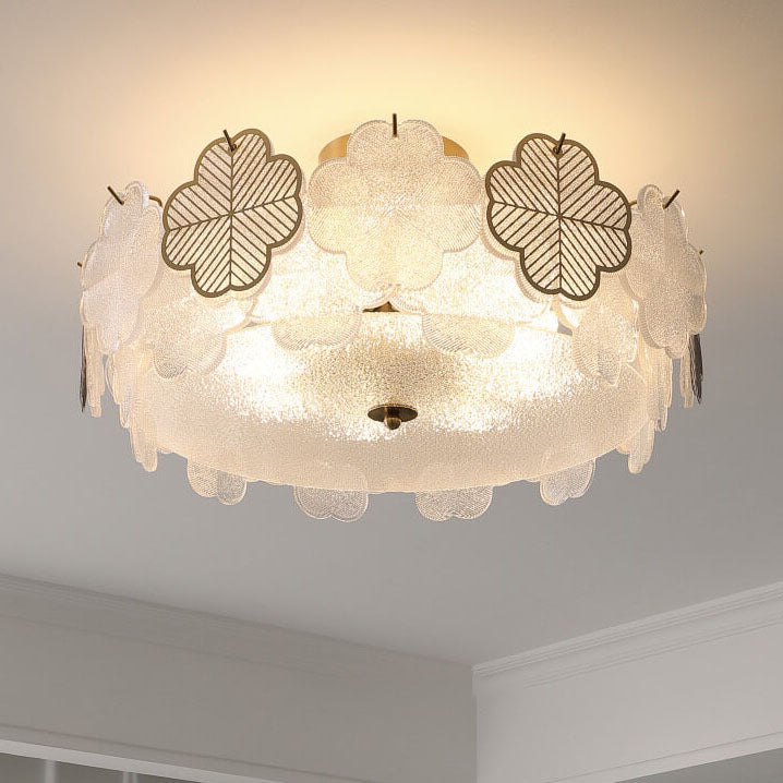 Traditional French Floral Glass Round Hardware 5/8 Light Semi-Flush Mount Ceiling Light for Living Room