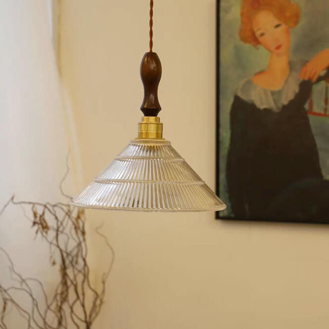 Traditionelle Vintage-Pendelleuchte mit Glas-Blumenschirm, Messing und Walnussholz, 1-flammig, für das Wohnzimmer 
