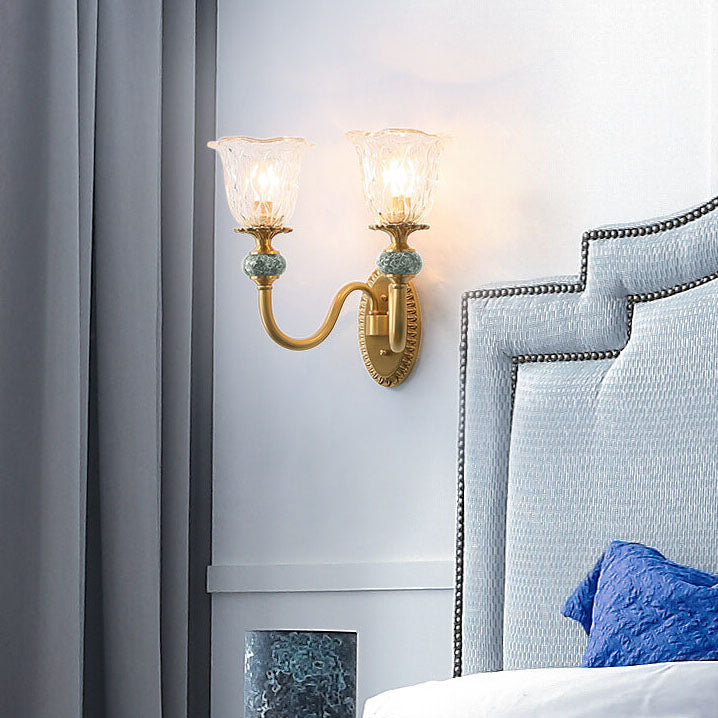 Lámpara Aplique de Pared de Lujo Europeo de Vidrio Floral de Latón con Brazo Curvado 1/2 Luz 