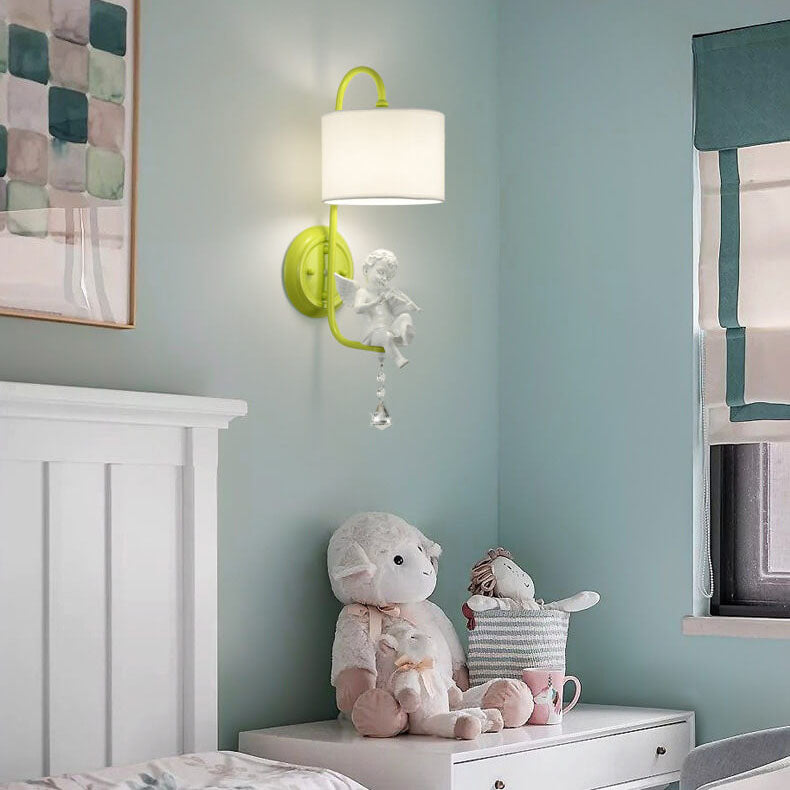 Modern Minimalist Angel Resin Round Fabric 1-Light Wall Sconce Lamp for Living Room