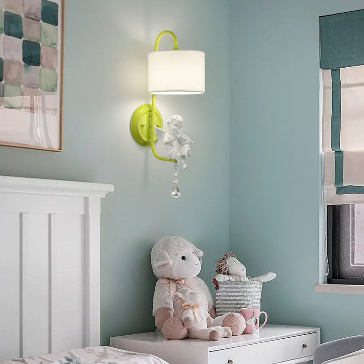 Modern Minimalist Angel Resin Round Fabric 1-Light Wall Sconce Lamp for Living Room
