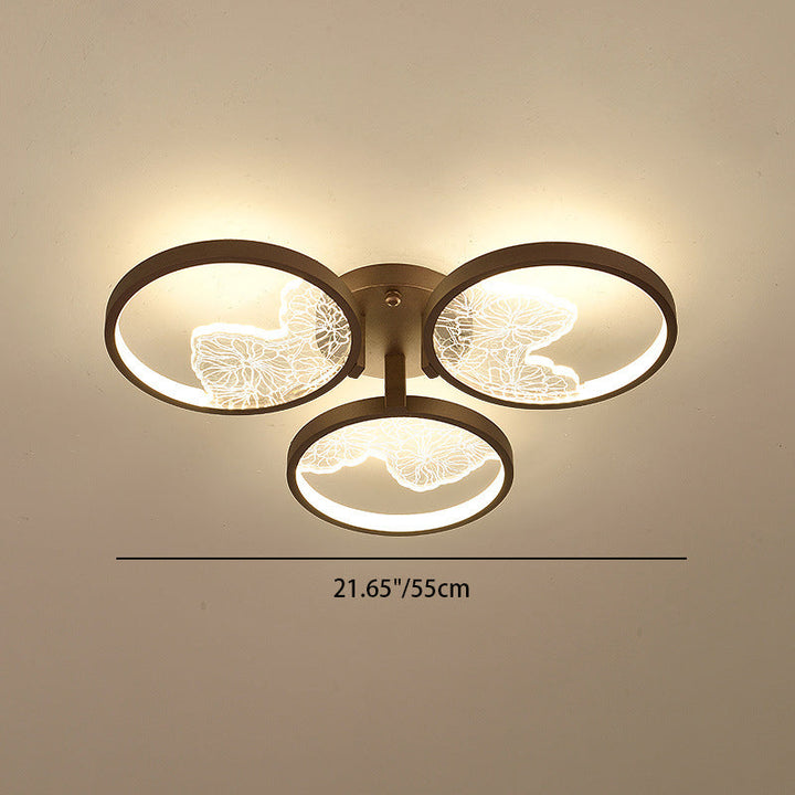 Traditional Chinese Zen Iron Round Frame Acrylic Flower Pattern LED Semi-Flush Mount Ceiling Light For Living Room