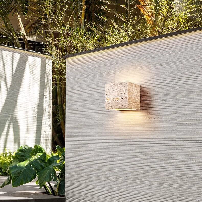 Lámpara Aplique de Pared LED Cuadrada Rectangular Minimalista Moderna de Travertino Amarillo para Patio Exterior 