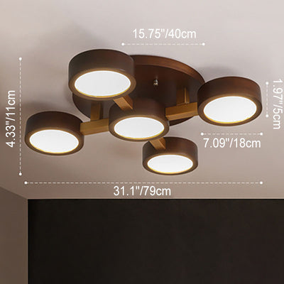 Modern Chinese Walnut Circle Geometric LED Semi-Flush Mount Ceiling Light