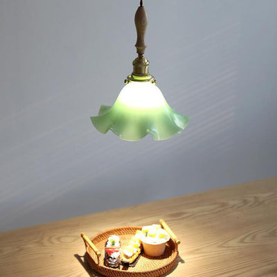 Japanische Vintage Glass Flower Petal Walnut 1-Light Pendelleuchte 