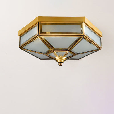 Traditional European Polygonal All Copper Glass 3/4 Light Flush Mount Ceiling Light For Living Room