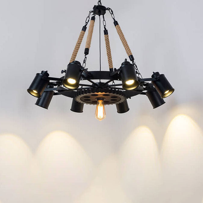 Zeitgenössischer industrieller Retro-Kronleuchter aus Schmiedeeisen und Hanfseil im Zahnrad-Design mit 7/9/11 Flammen für das Wohnzimmer 